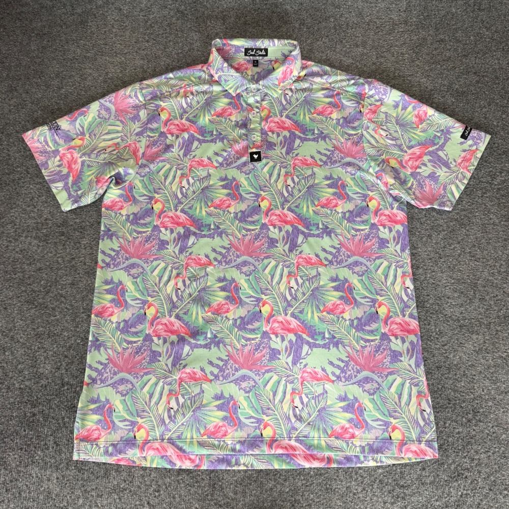Bad Birdie Mens XL Golf Polo Shirt Flamingo Tropical Stretch Casual Short Sleeve